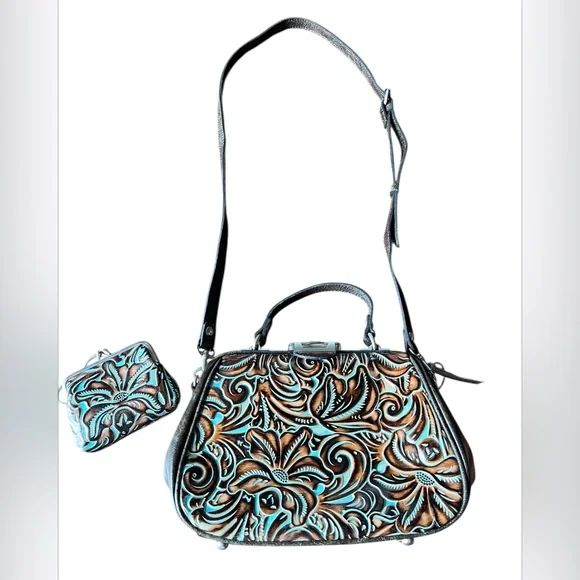 Patricia Nash Turquoise Framed Gracchi Tooled Burnt Leather Crossbody Set - Picture 10 of 16